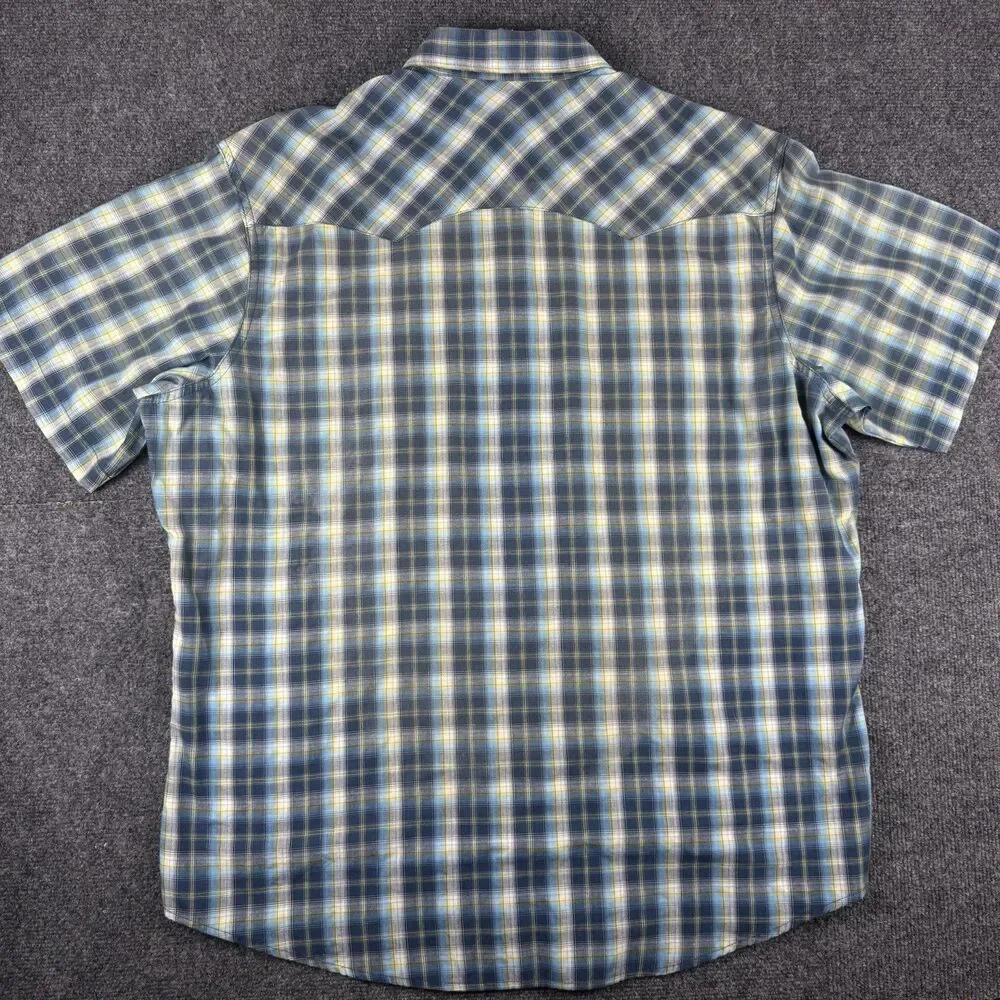 Wrangler Shirt Mens XL Blue Yellow Western Pearl Snap Short Sleeve Wrancher